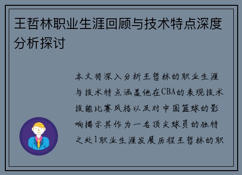 王哲林职业生涯回顾与技术特点深度分析探讨